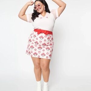 Unique Vintage Smak Parlour Plus Size Pink & Red Madam Mushroom Mod Skirt